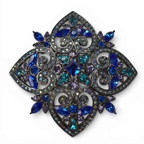 Vtg JOAN RIVERS Maltese Cross Brooch Rich Blues & AB Rhinestones Signed Thailand - Picture 3 of 14